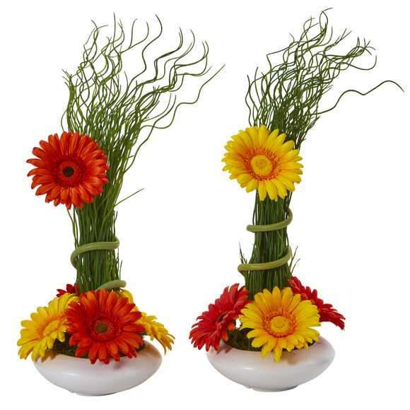 18 Gerber Daisy and Grass Artificial Arrangement in White Vase Set of 2 - SKU #A1197-S2 - 2